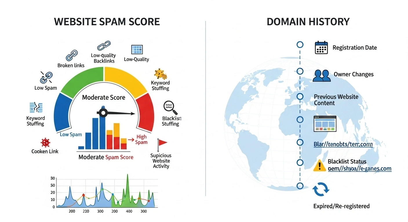 Monitoring website spam score and domain history